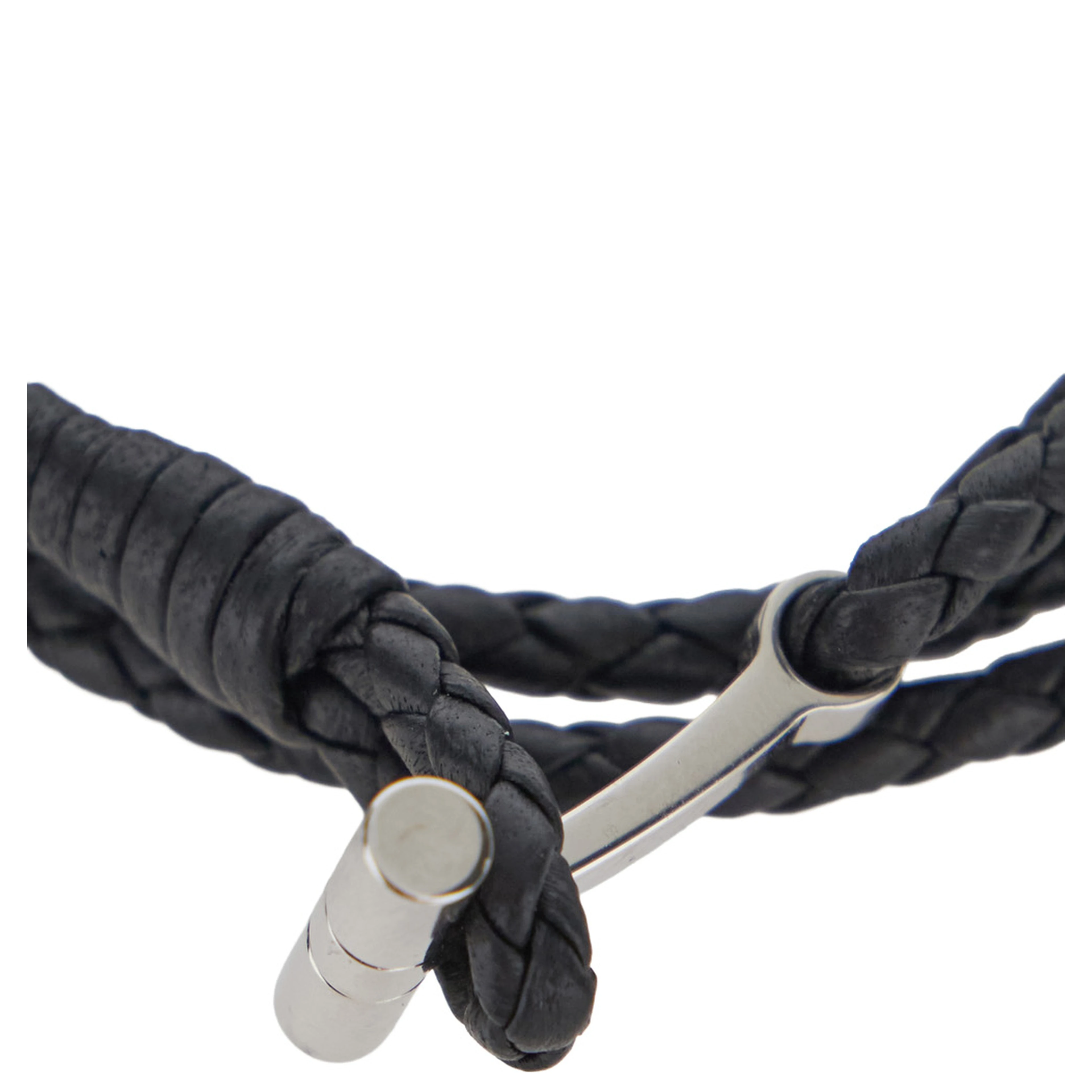 Black String Bracelet with Woven Design and Metal Plate Closure in Leather for Men