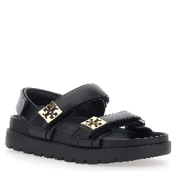 black Sandals with adjustable closure and logo plates in leather women