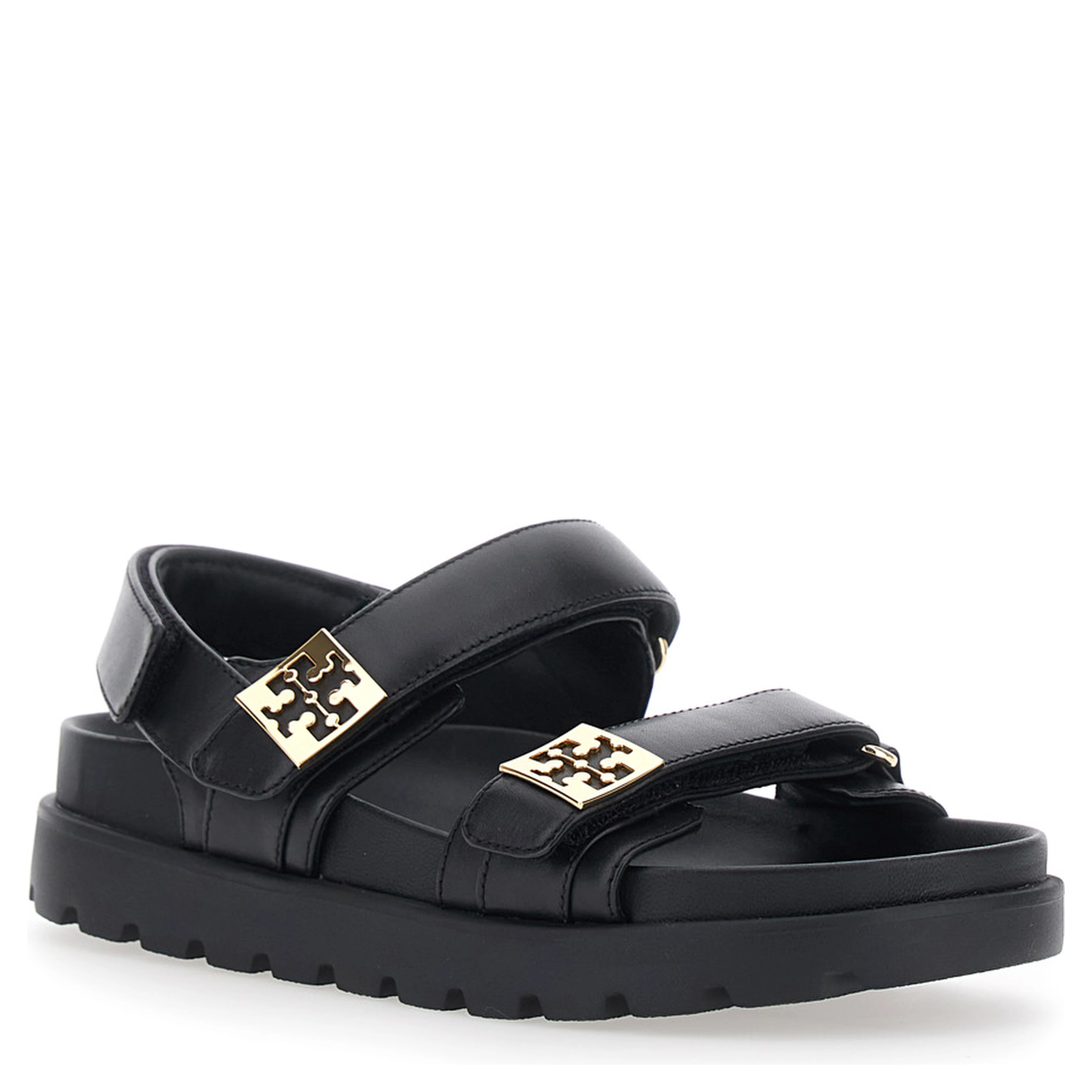 black Sandals with adjustable closure and logo plates in leather women