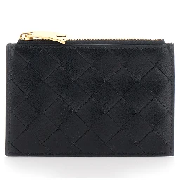 Black Cardholder with Intrecciato Motif on the front and zip closure in leather for women