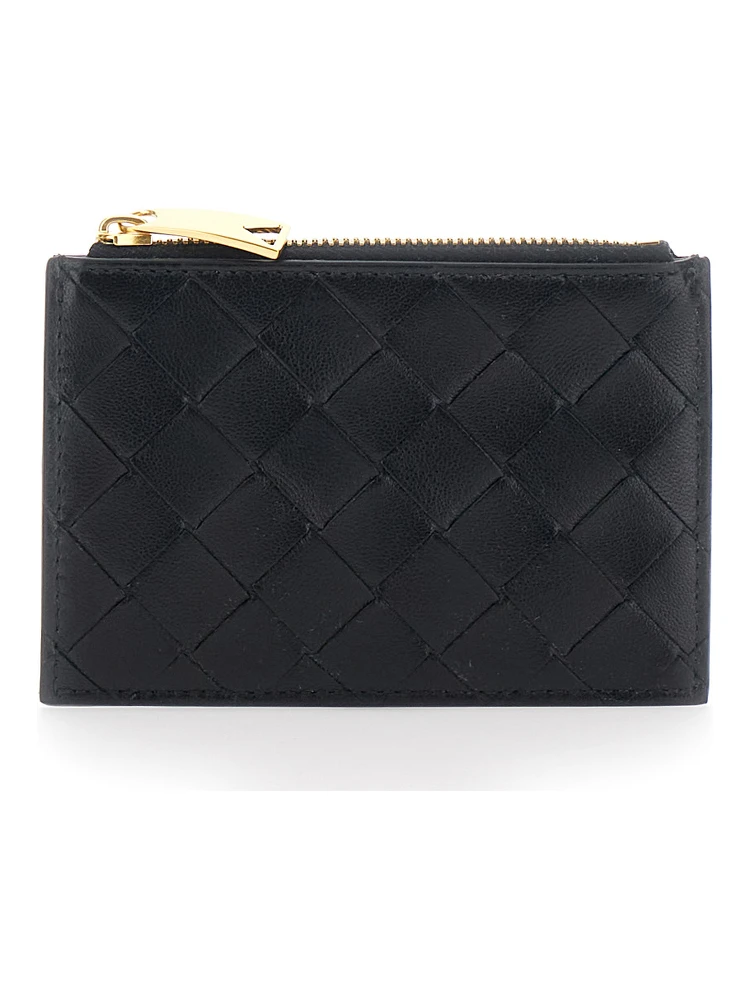 Black Cardholder with Intrecciato Motif on the front and zip closure in leather for women