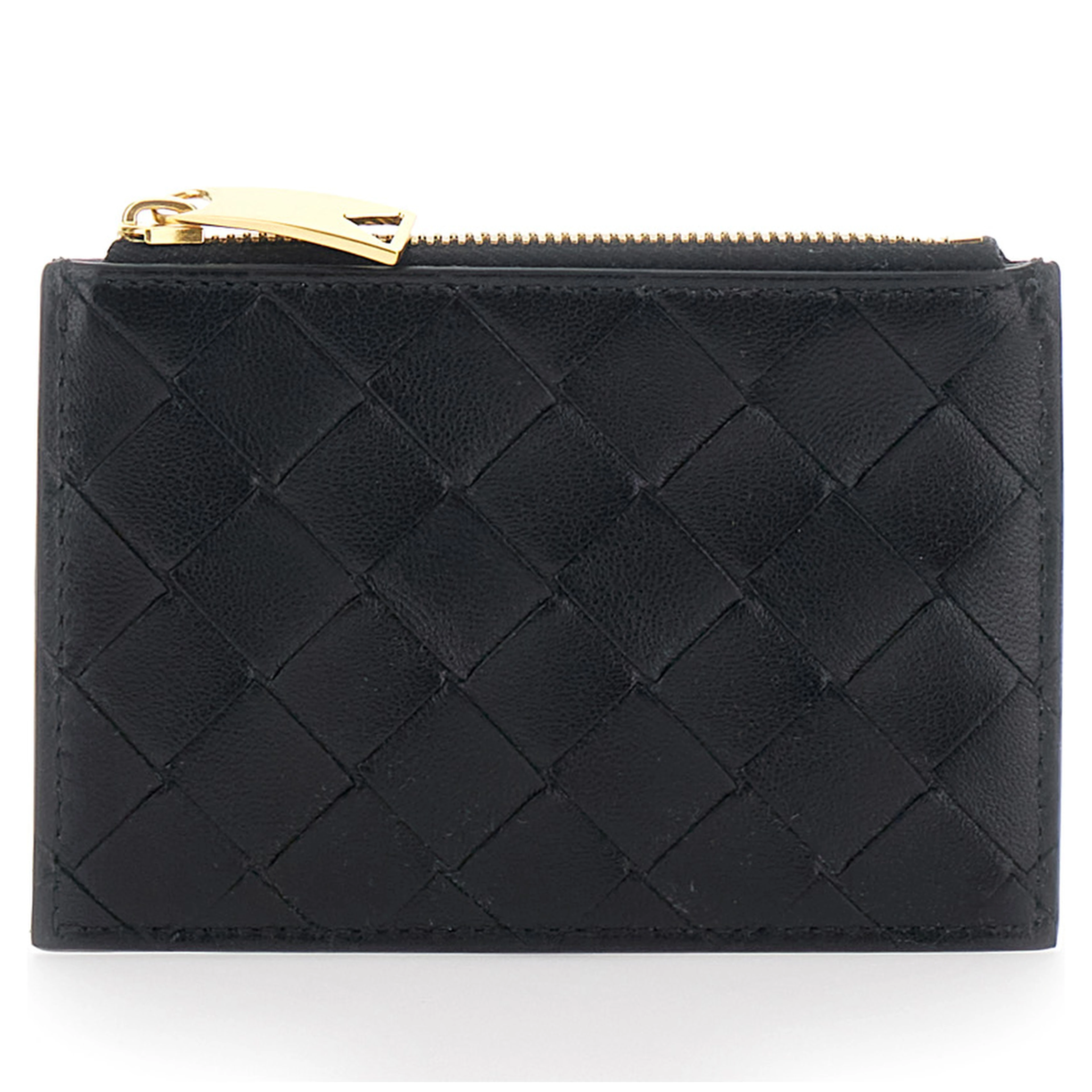 Black Cardholder with Intrecciato Motif on the front and zip closure in leather for women