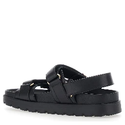 black Sandals with adjustable closure and logo plates in leather women