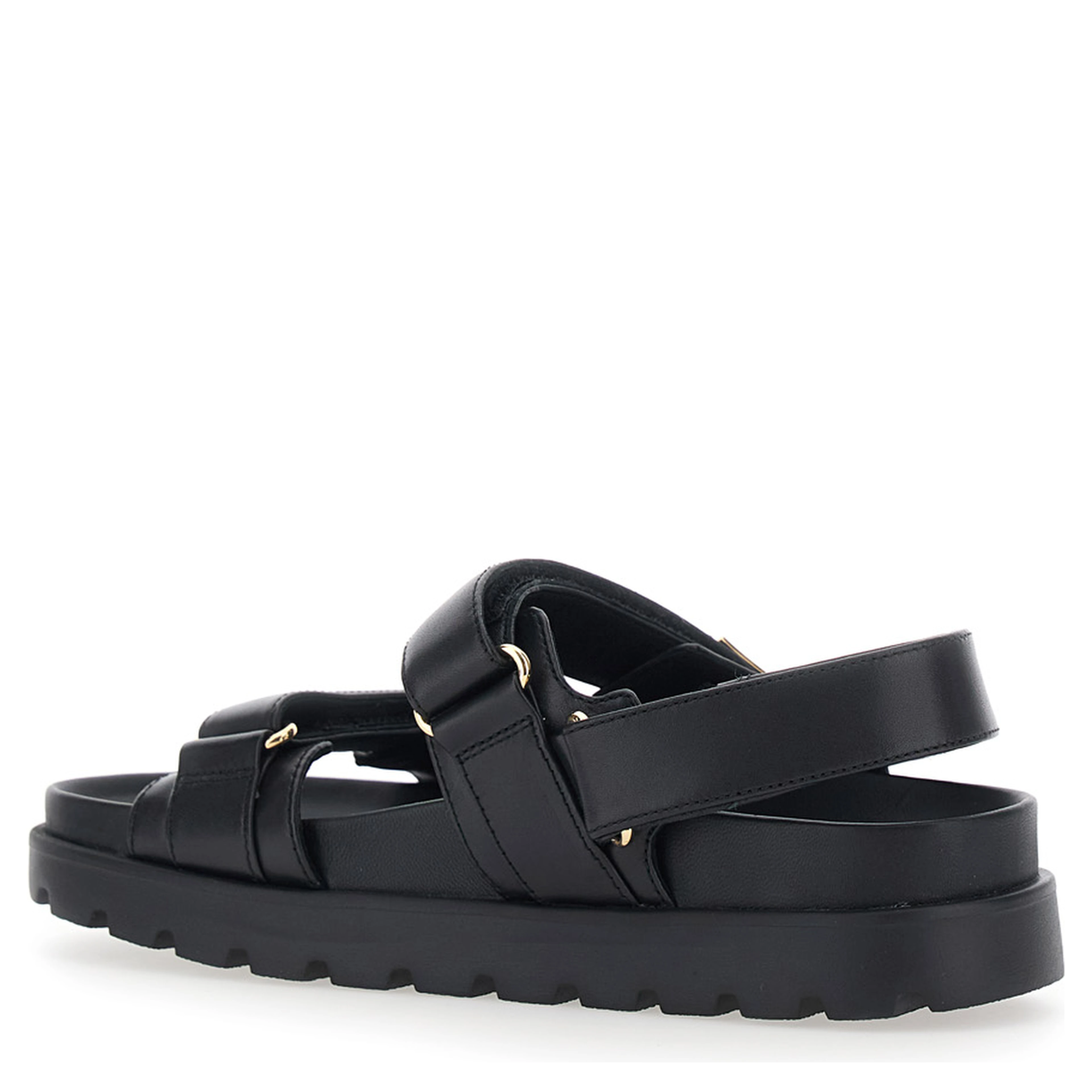black Sandals with adjustable closure and logo plates in leather women
