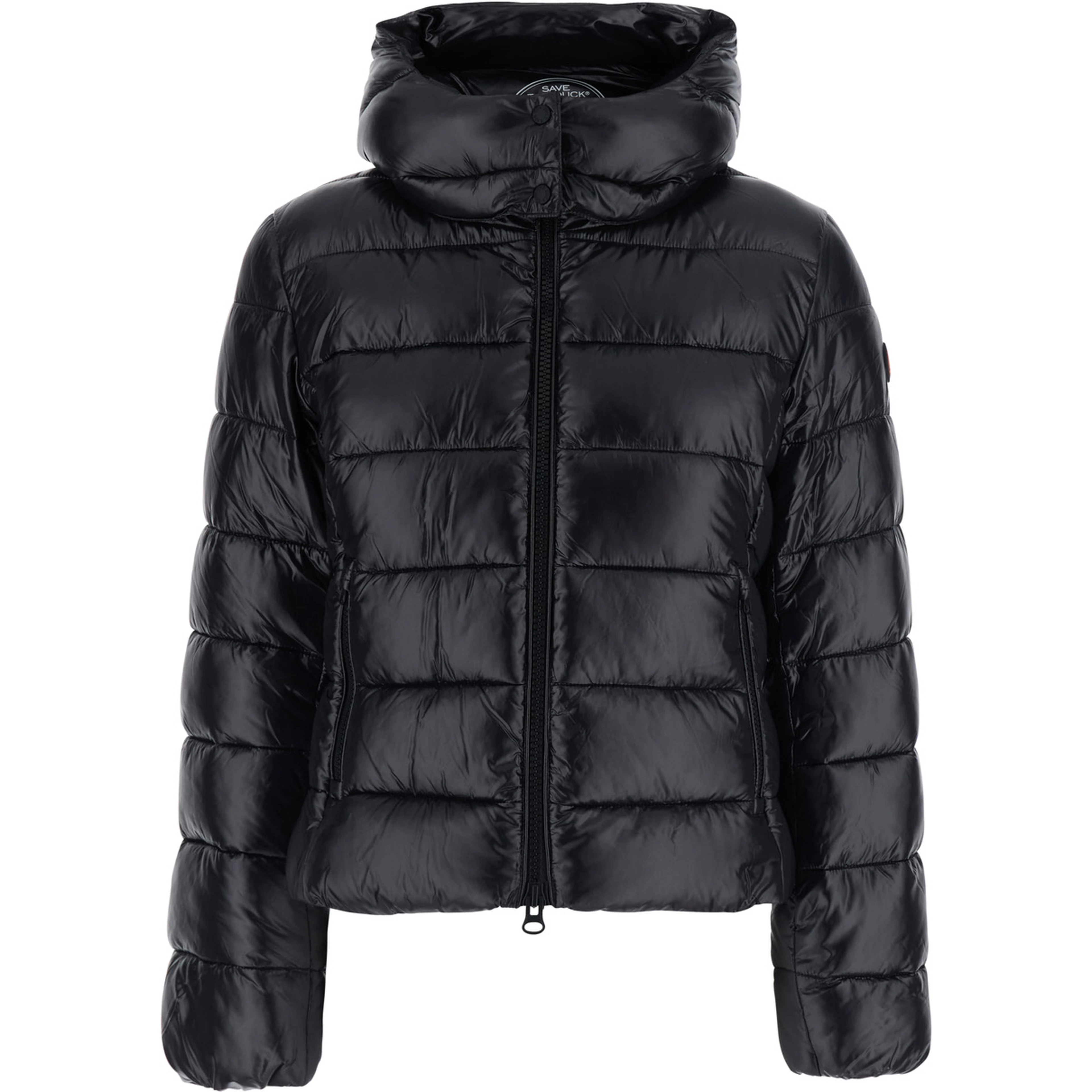 Cosmary black Down jacket with hood and logo patch on the sleeve in Tech Fabric women