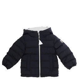 Brannock Blue Down jacket with fixed hood and logo patch on the sleeve in Tech Fabric baby