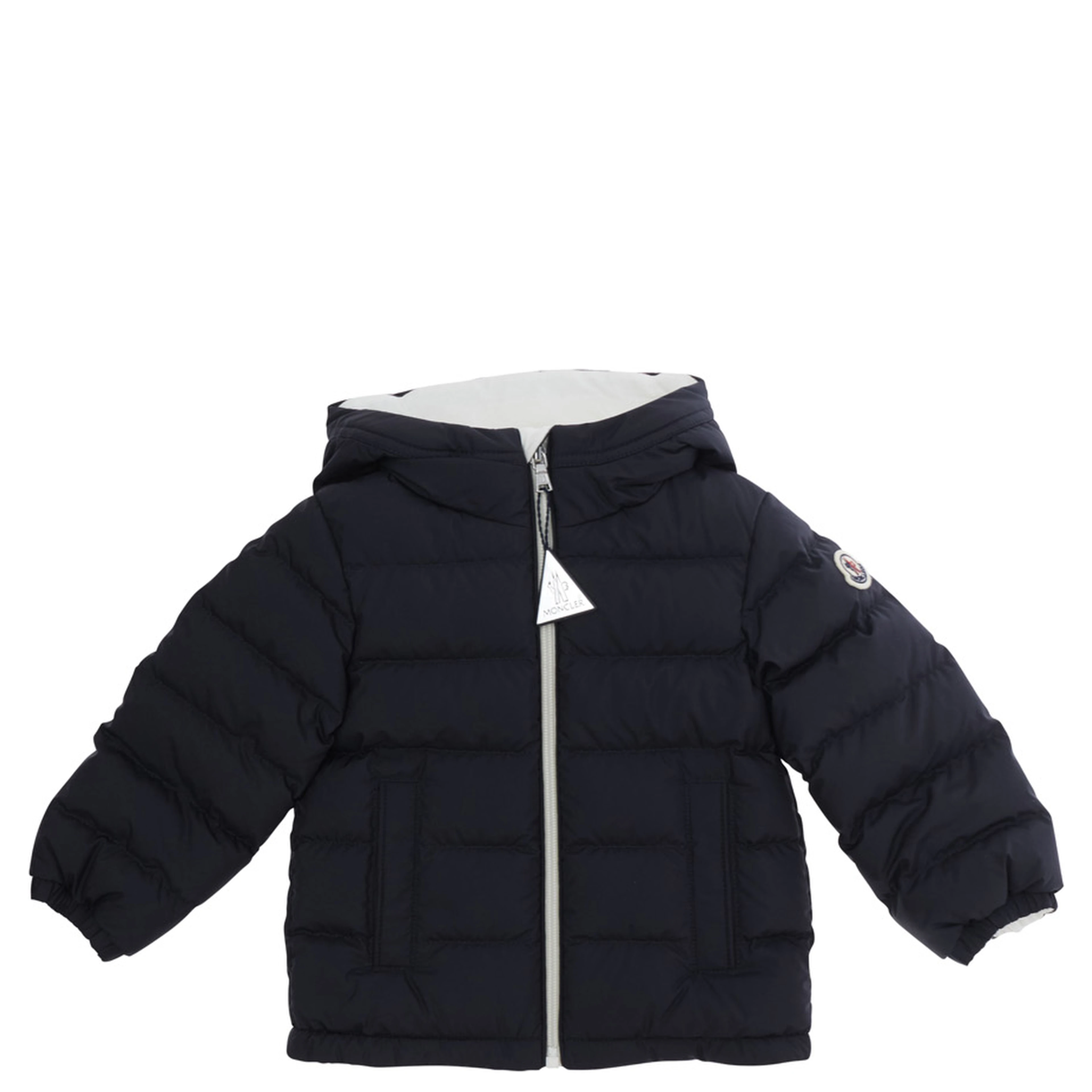 Brannock Blue Down jacket with fixed hood and logo patch on the sleeve in Tech Fabric baby