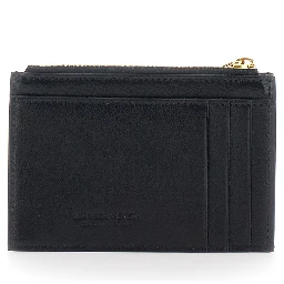 Black Cardholder with Intrecciato Motif on the front and zip closure in leather for women