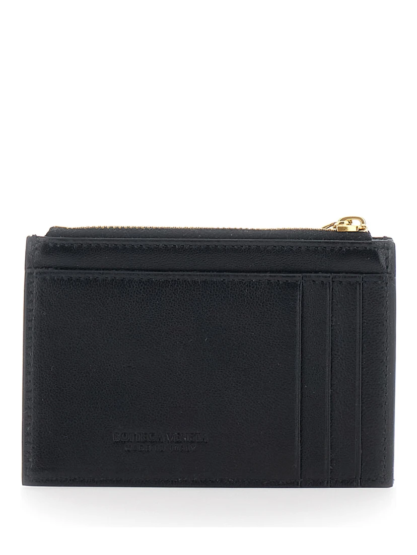 Black Cardholder with Intrecciato Motif on the front and zip closure in leather for women