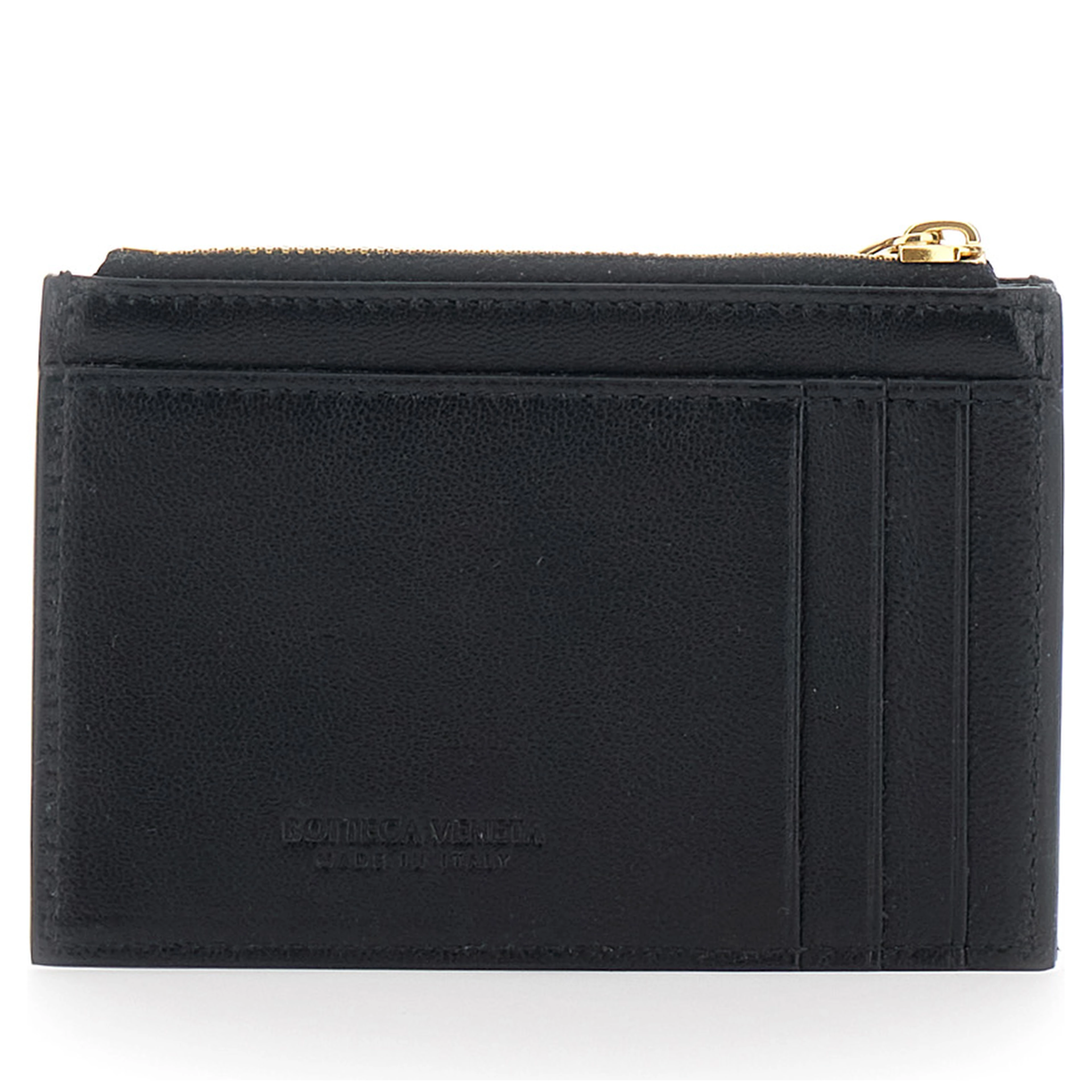 Black Cardholder with Intrecciato Motif on the front and zip closure in leather for women