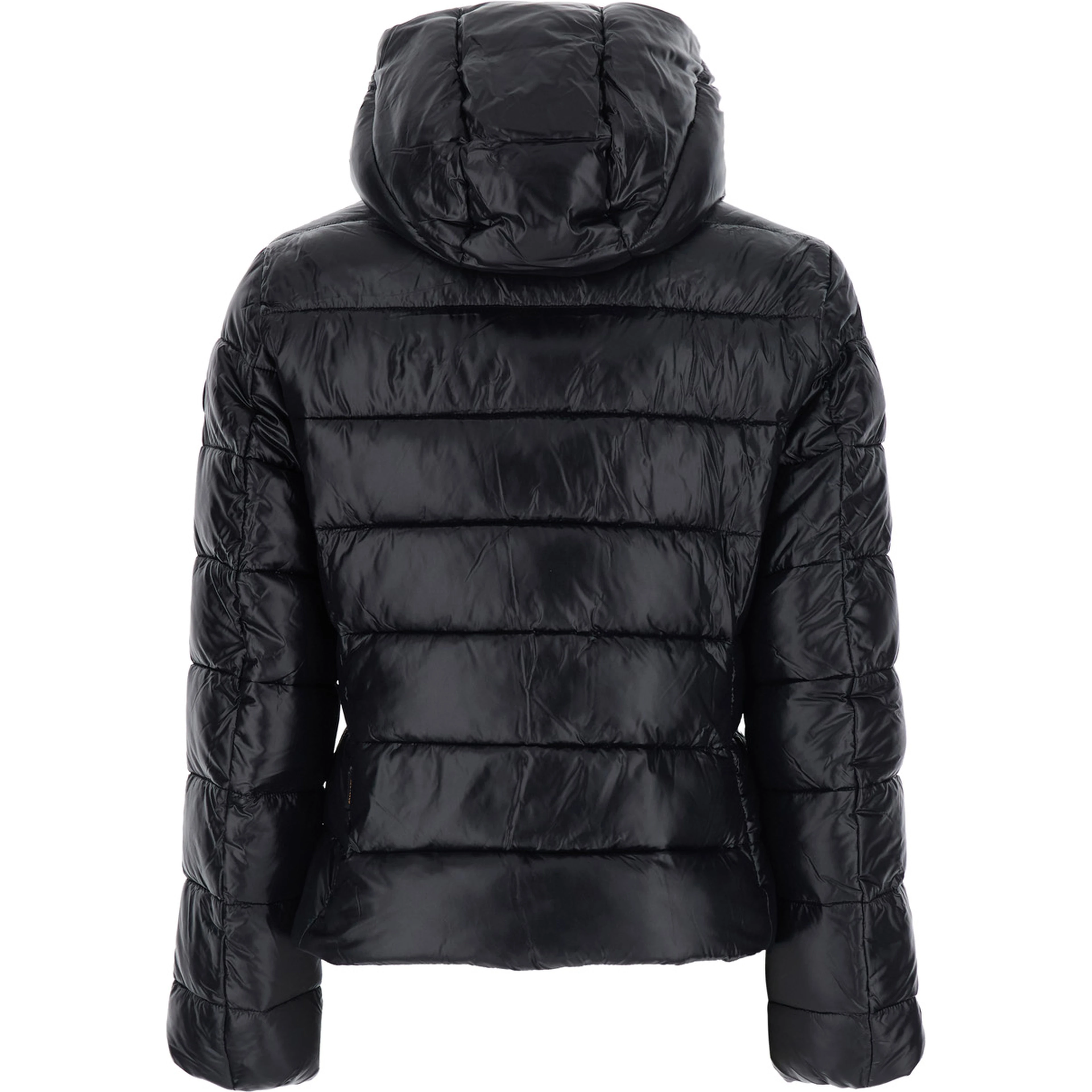 Cosmary black Down jacket with hood and logo patch on the sleeve in Tech Fabric women