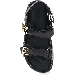 black Sandals with adjustable closure and logo plates in leather women