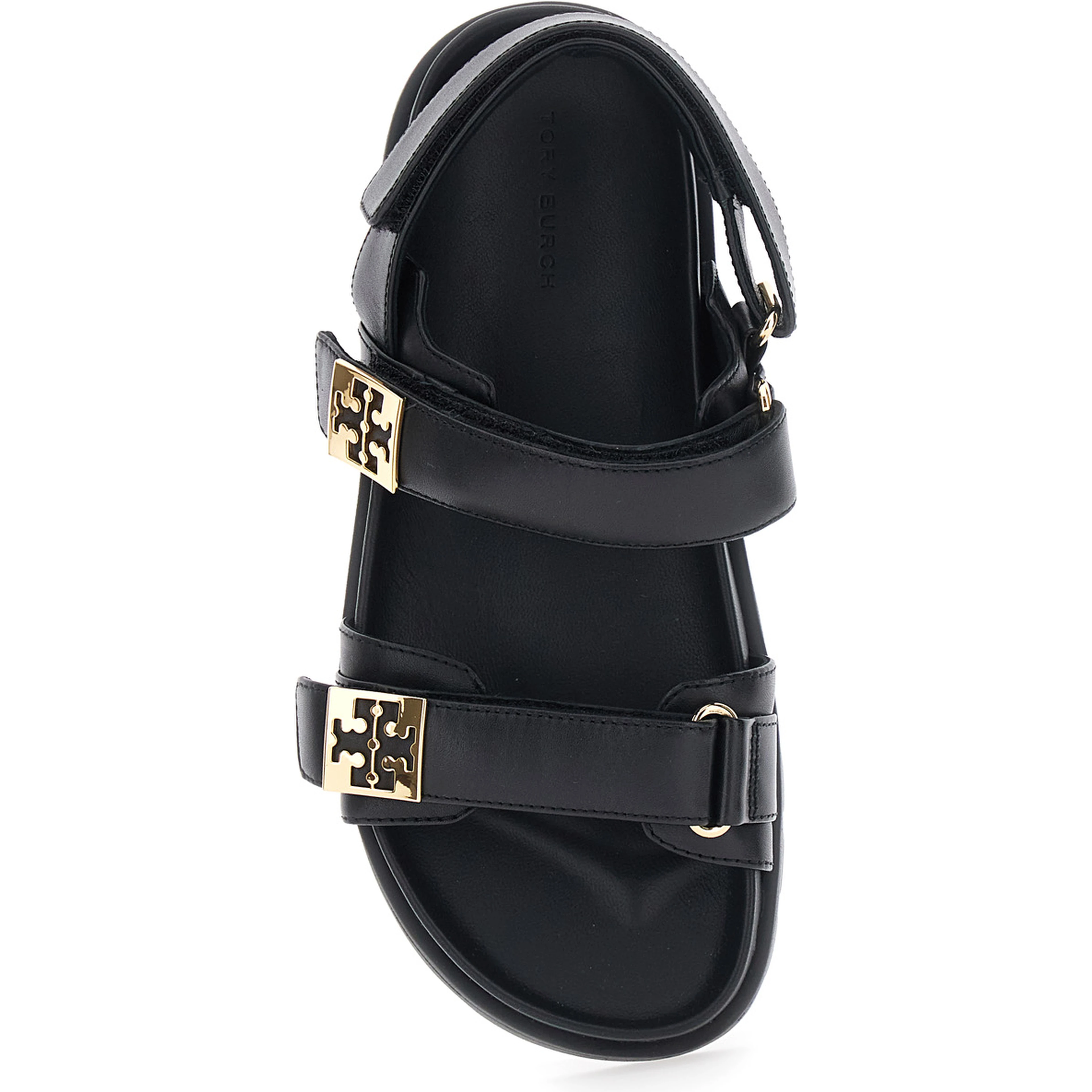 black Sandals with adjustable closure and logo plates in leather women