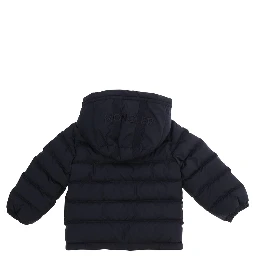 Brannock Blue Down jacket with fixed hood and logo patch on the sleeve in Tech Fabric baby