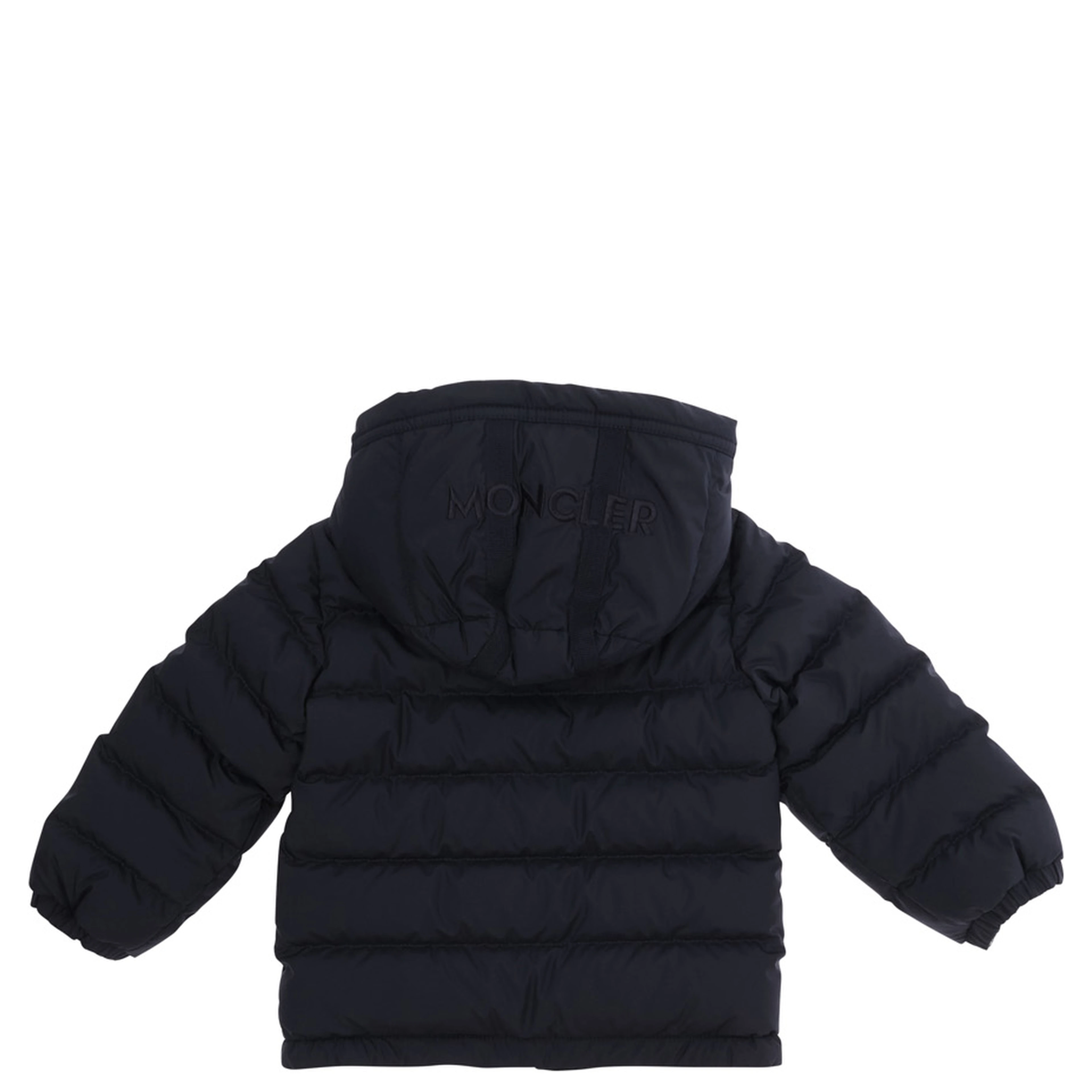 Brannock Blue Down jacket with fixed hood and logo patch on the sleeve in Tech Fabric baby
