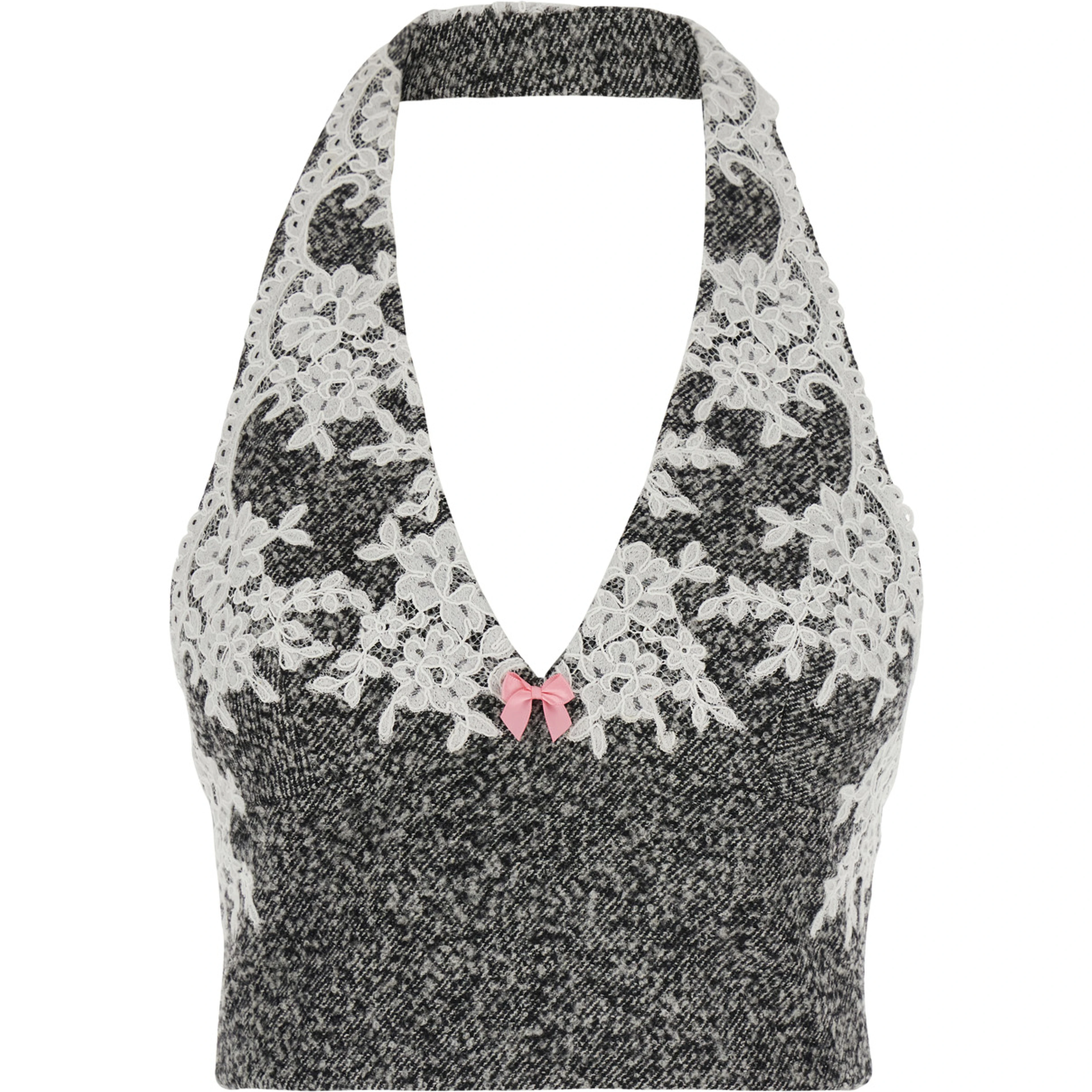 GREY WOOL LACE HALTER TOP with halter neck and sleeveless Gray Woman