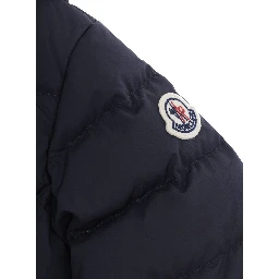 Brannock Blue Down jacket with fixed hood and logo patch on the sleeve in Tech Fabric baby