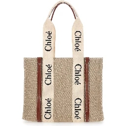 Handbag Woody Medium with Logo Lettering on the Front in Beige Linen for Women
