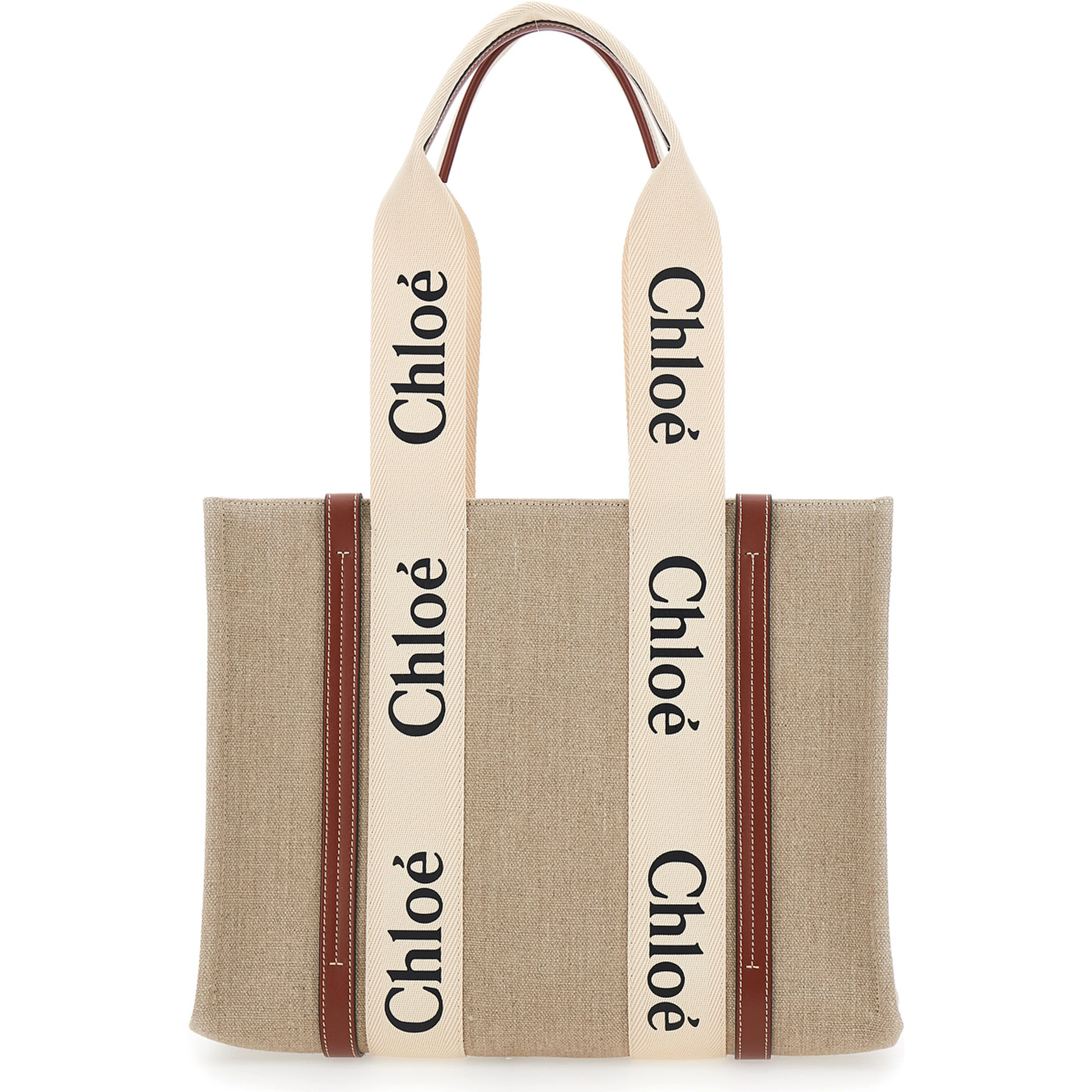 Handbag Woody Medium with Logo Lettering on the Front in Beige Linen for Women