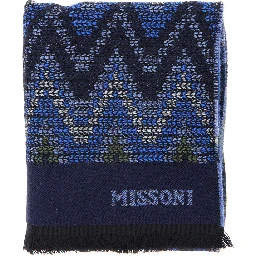 blue Scarf with all-over Zig Zag motif and logo lettering in wool for men
