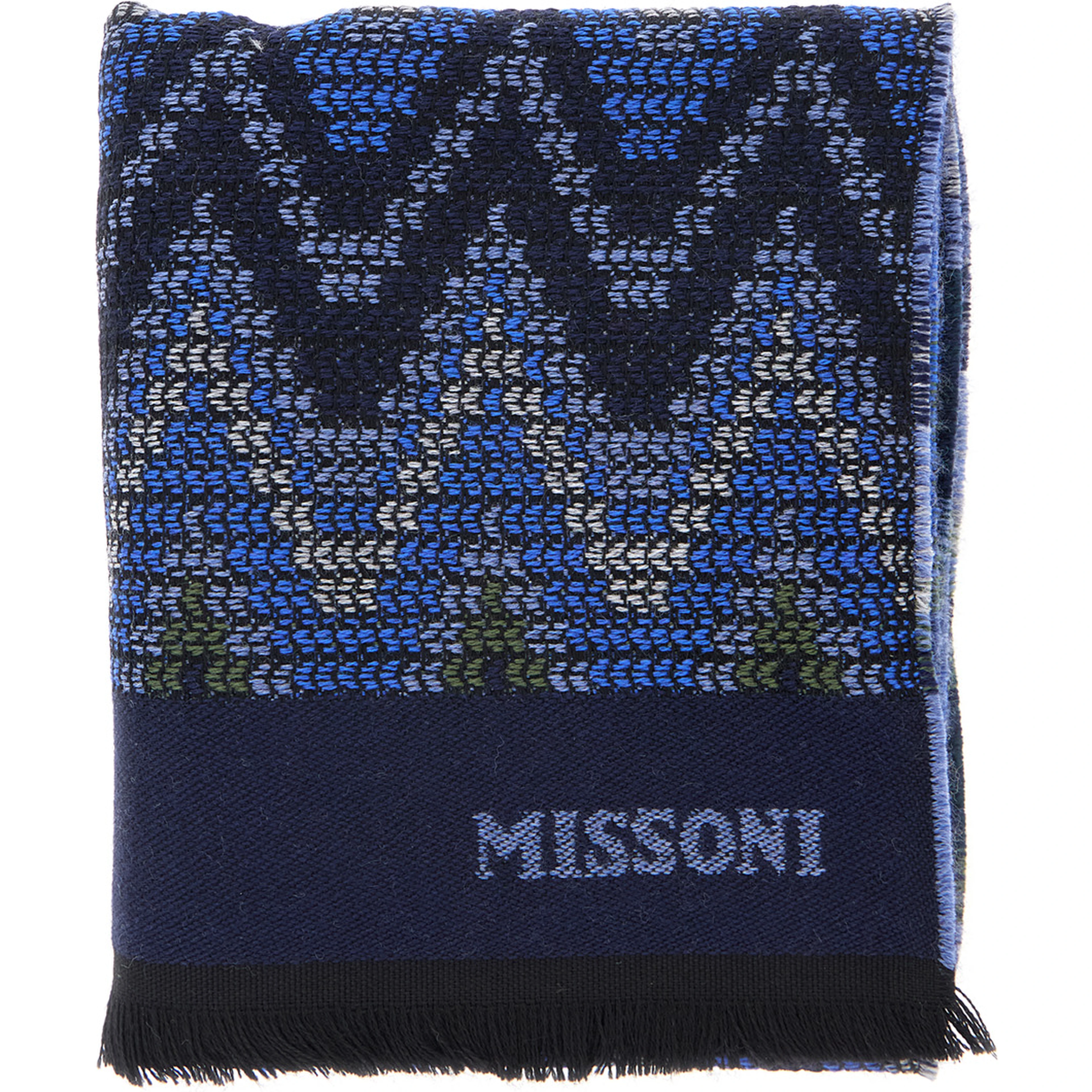 blue Scarf with all-over Zig Zag motif and logo lettering in wool for men
