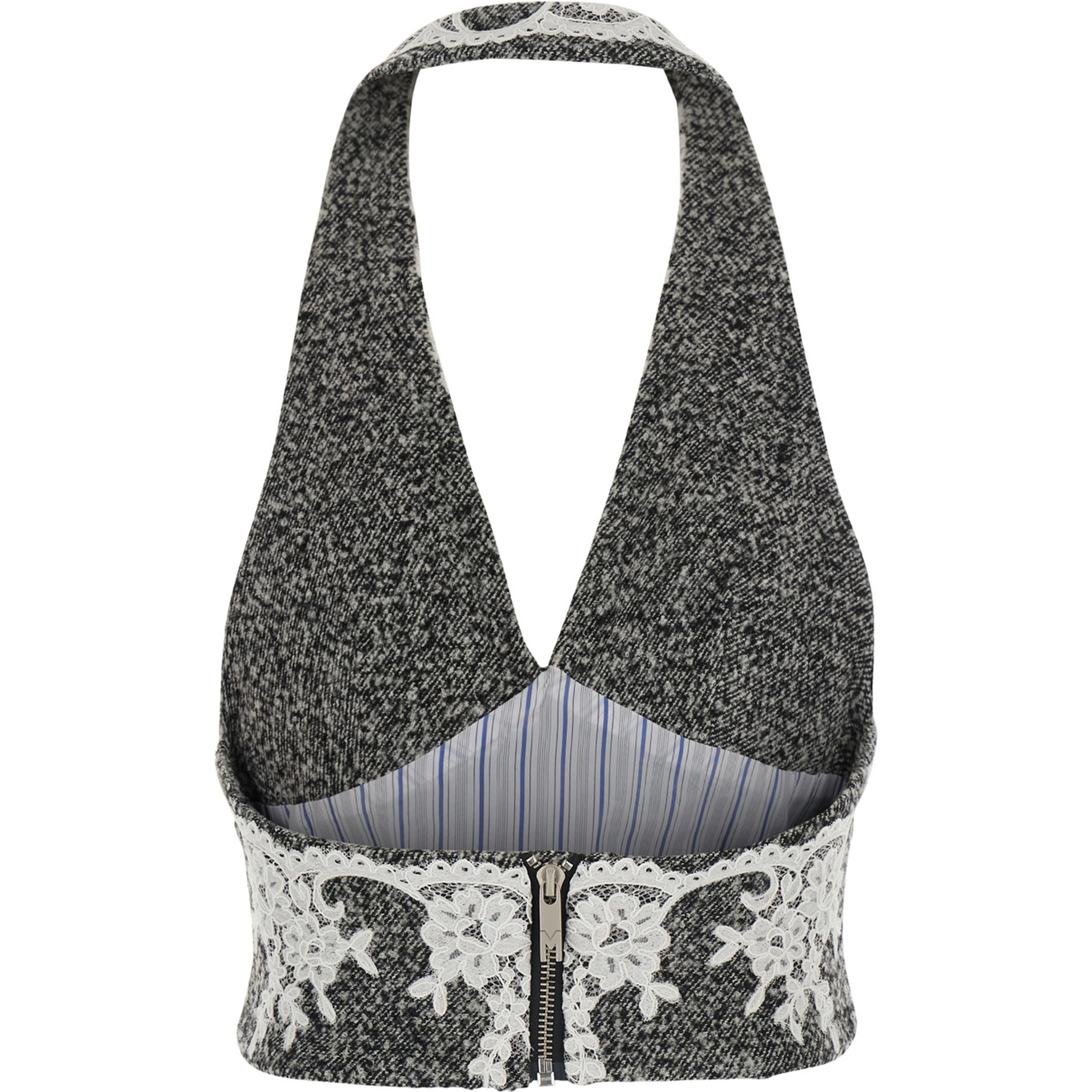 GREY WOOL LACE HALTER TOP with halter neck and sleeveless Gray Woman