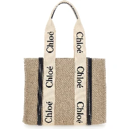 Handbag Medium Woody with logo lettering on the front in Beige Linen for Women