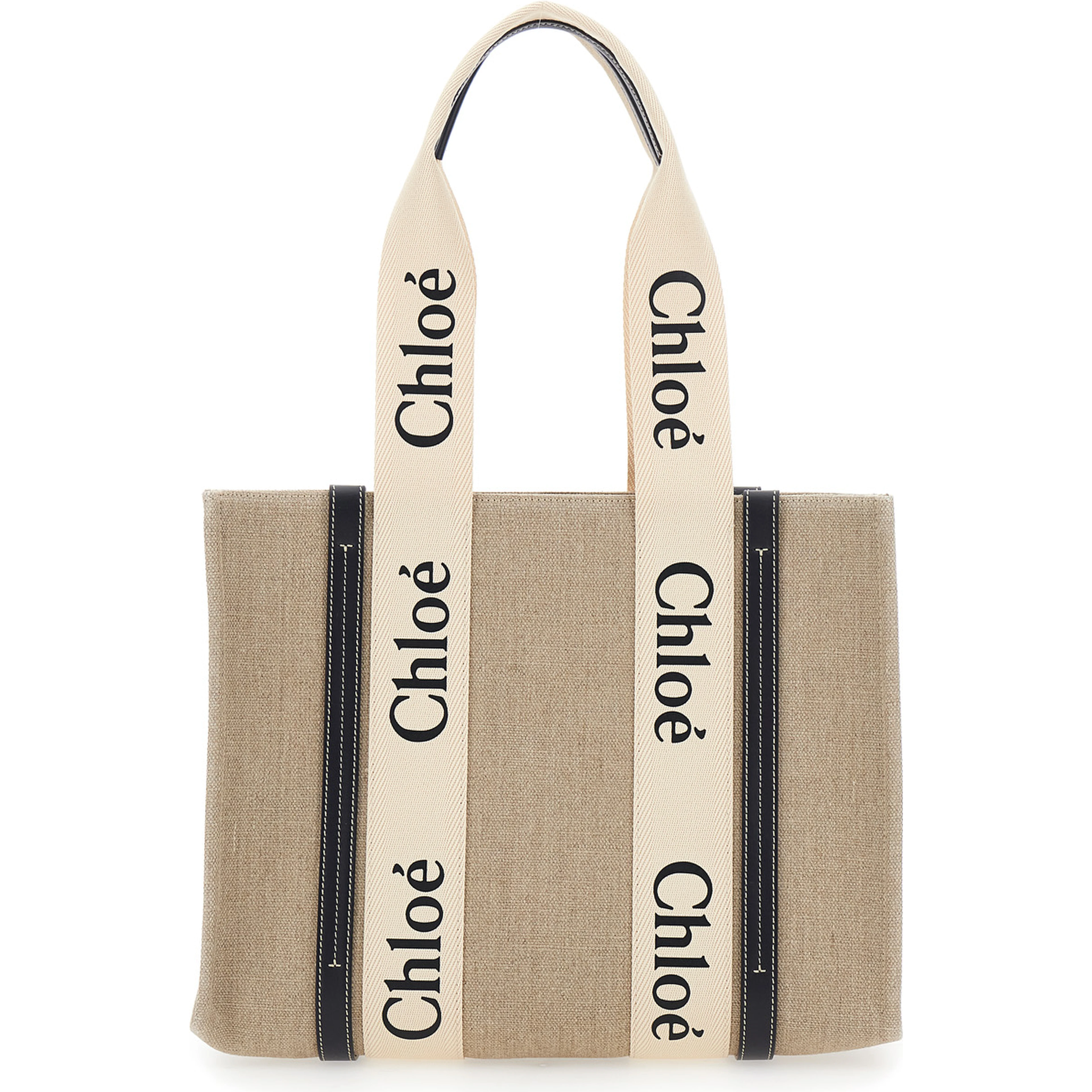 Handbag Medium Woody with logo lettering on the front in Beige Linen for Women