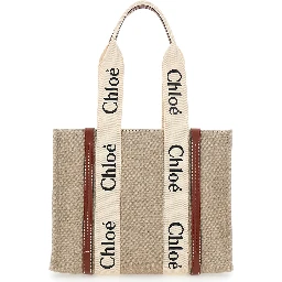 Handbag Woody Medium with Logo Lettering on the Front in Beige Linen for Women
