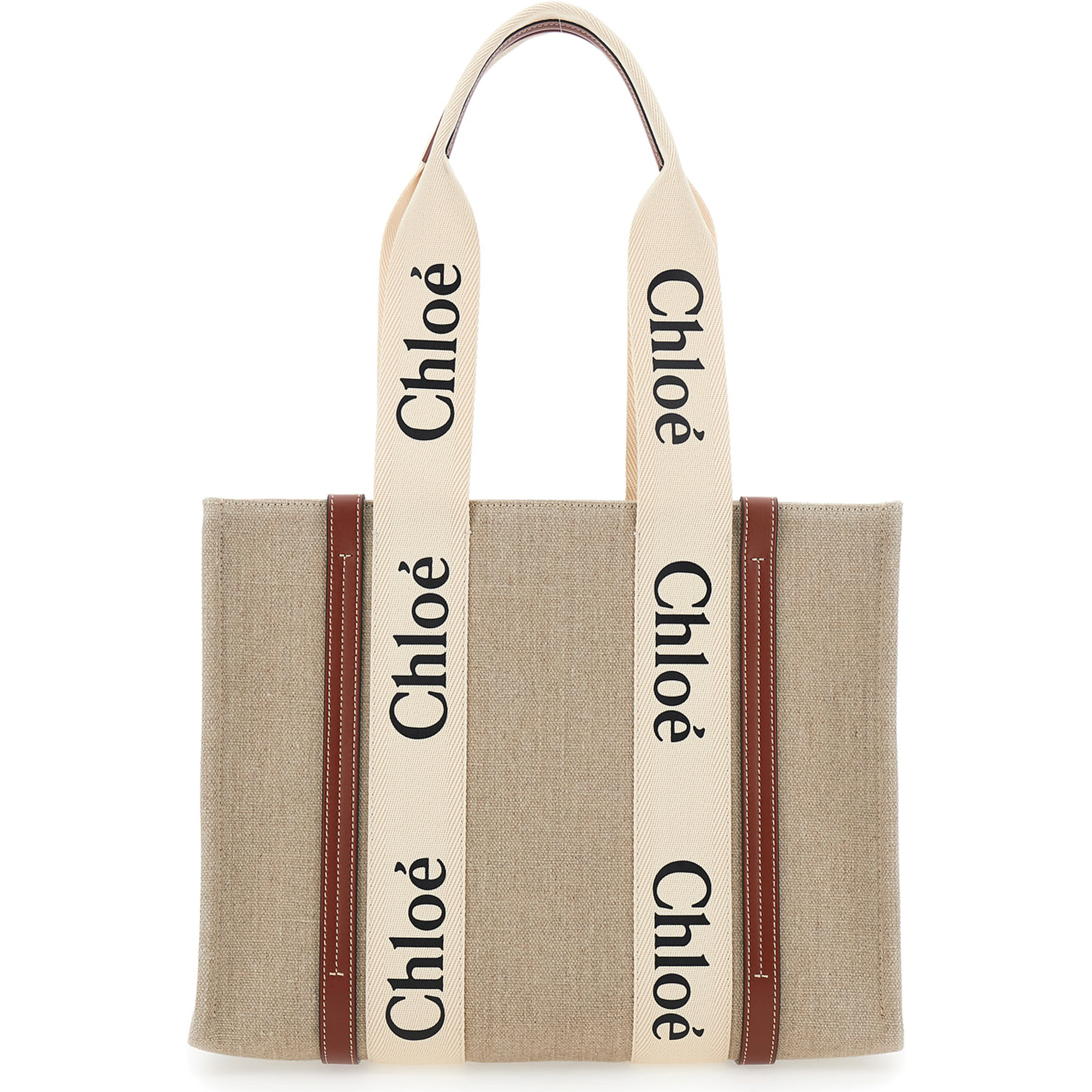 Handbag Woody Medium with Logo Lettering on the Front in Beige Linen for Women