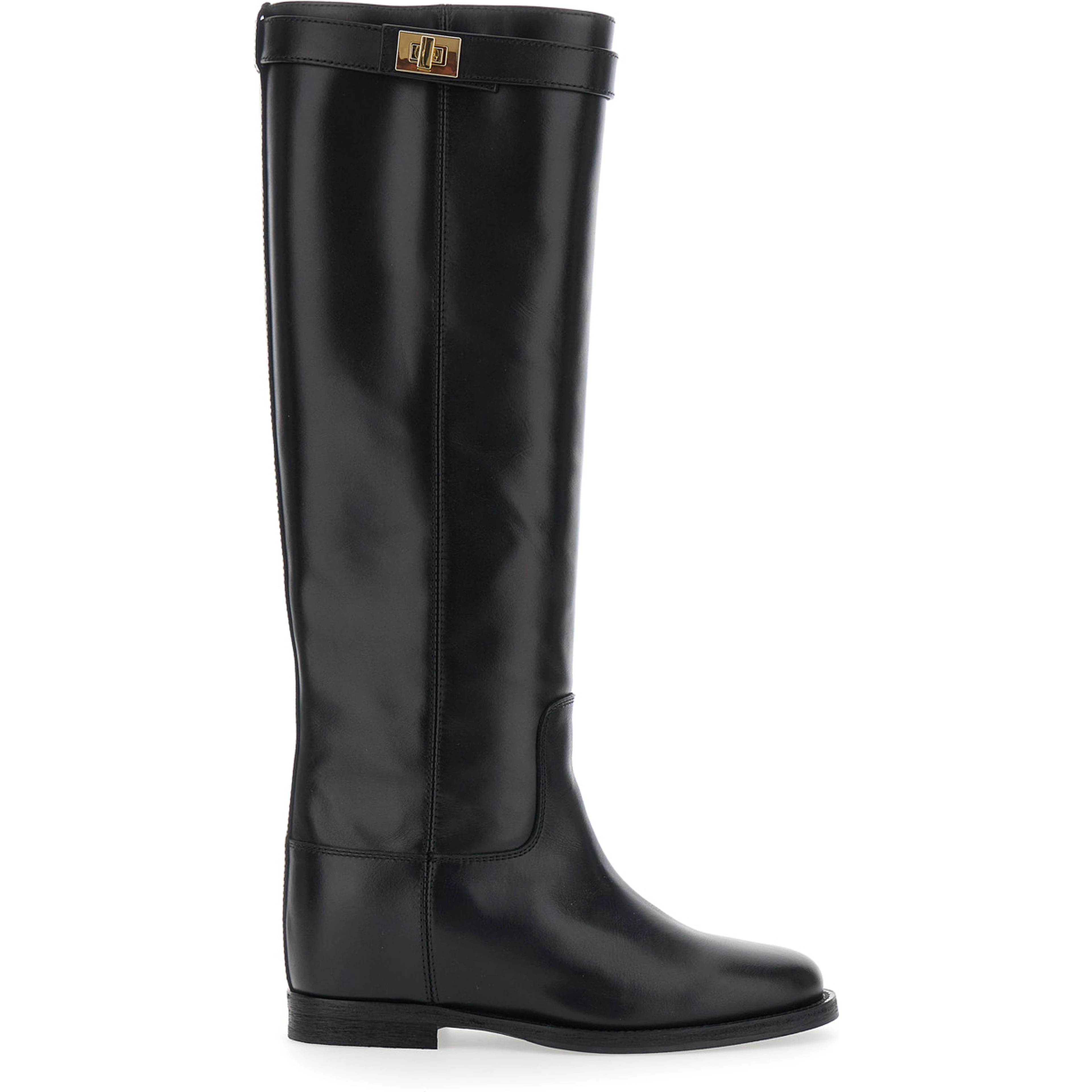 black Boot with strap and lock in smooth leather woman