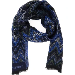 blue Scarf with all-over Zig Zag motif and logo lettering in wool for men