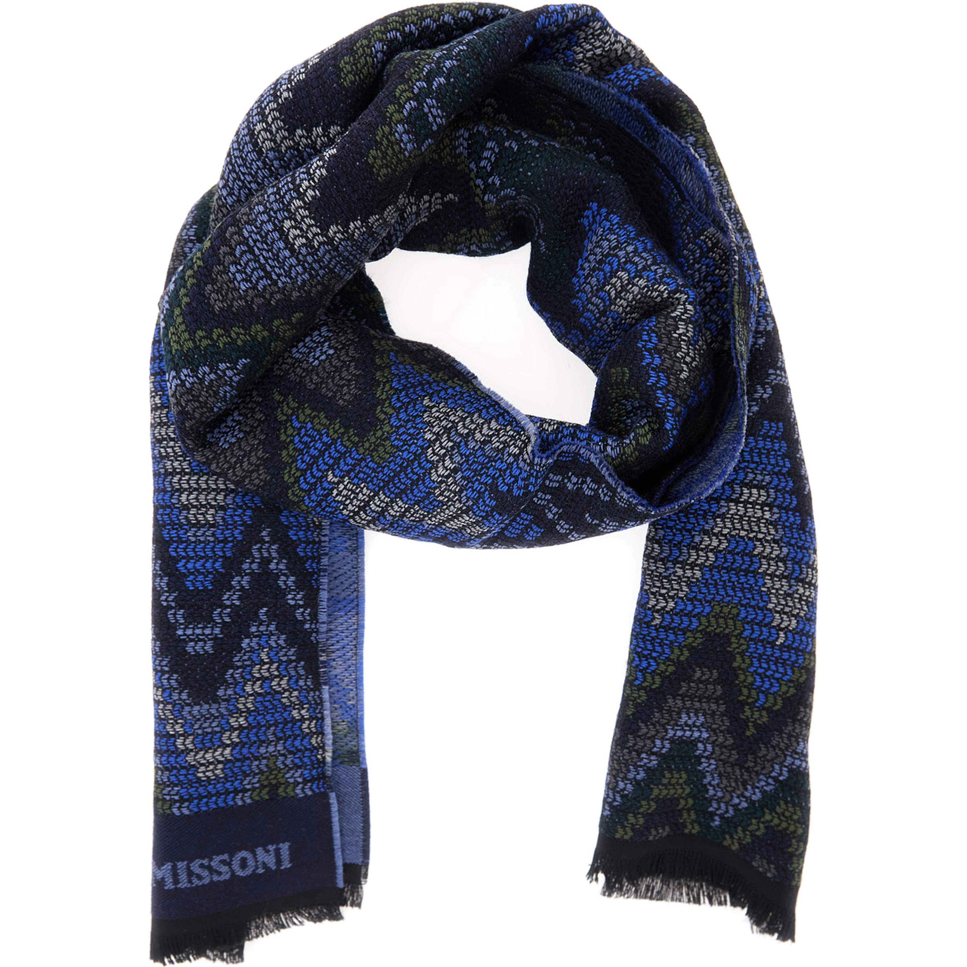 blue Scarf with all-over Zig Zag motif and logo lettering in wool for men