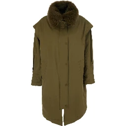 Green Coat with fur collar and button closure on the front in blend cotton for women