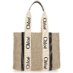 Handbag Medium Woody with logo lettering on the front in Beige Linen for Women