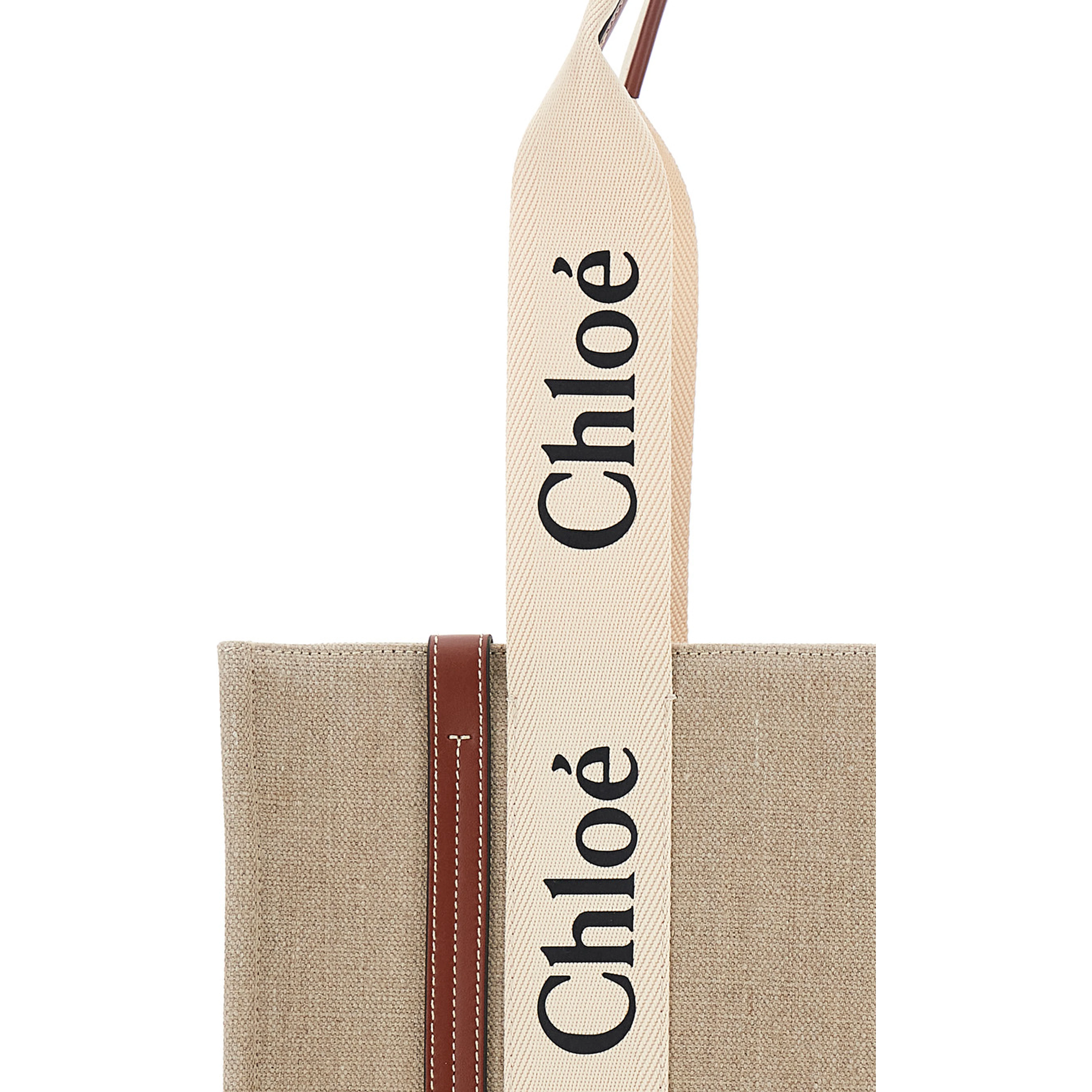 Handbag Woody Medium with Logo Lettering on the Front in Beige Linen for Women