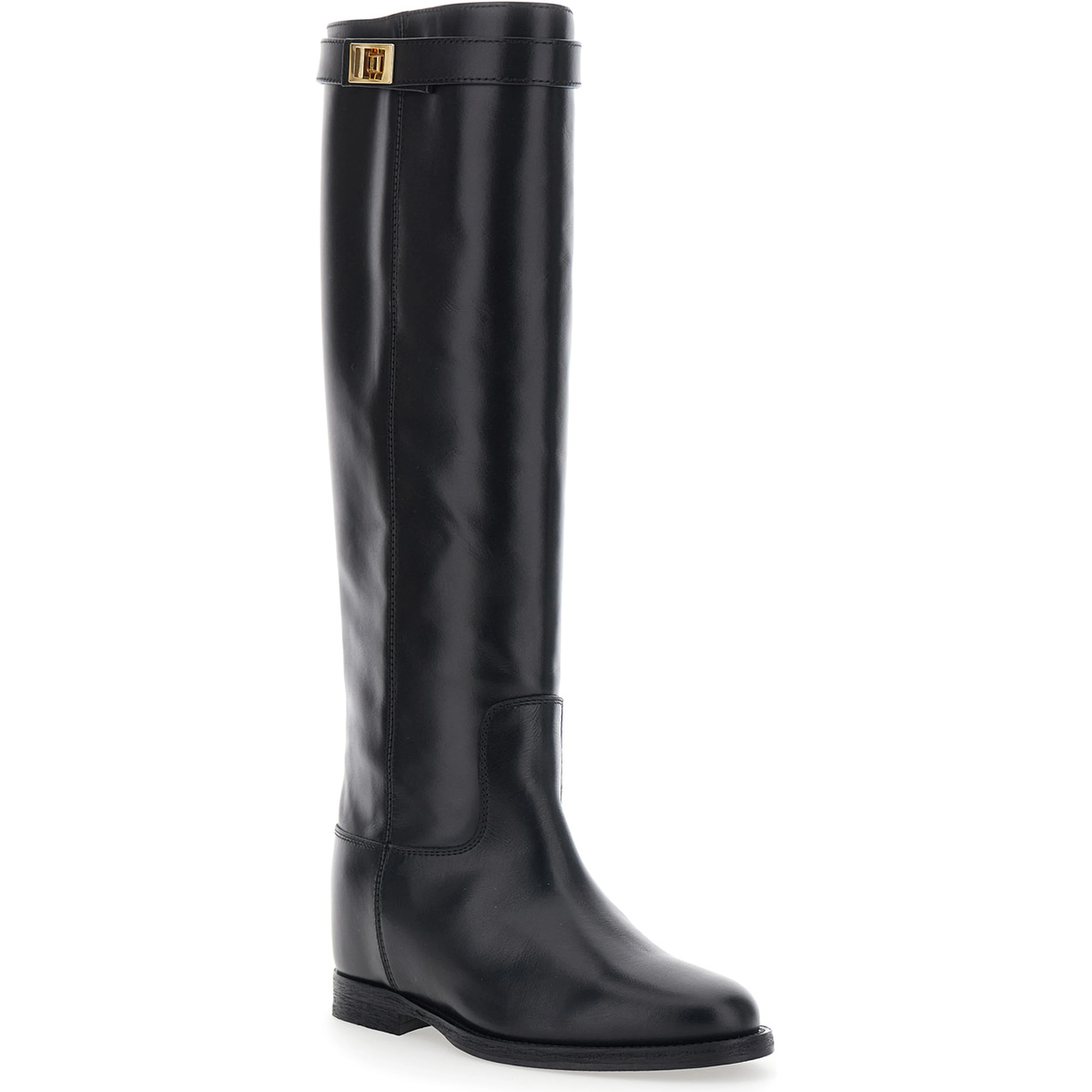 black Boot with strap and lock in smooth leather woman