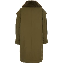 Green Coat with fur collar and button closure on the front in blend cotton for women