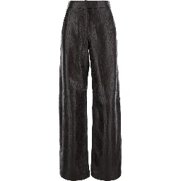 Brown crocodile-embossed pants with wide leg in leather for women