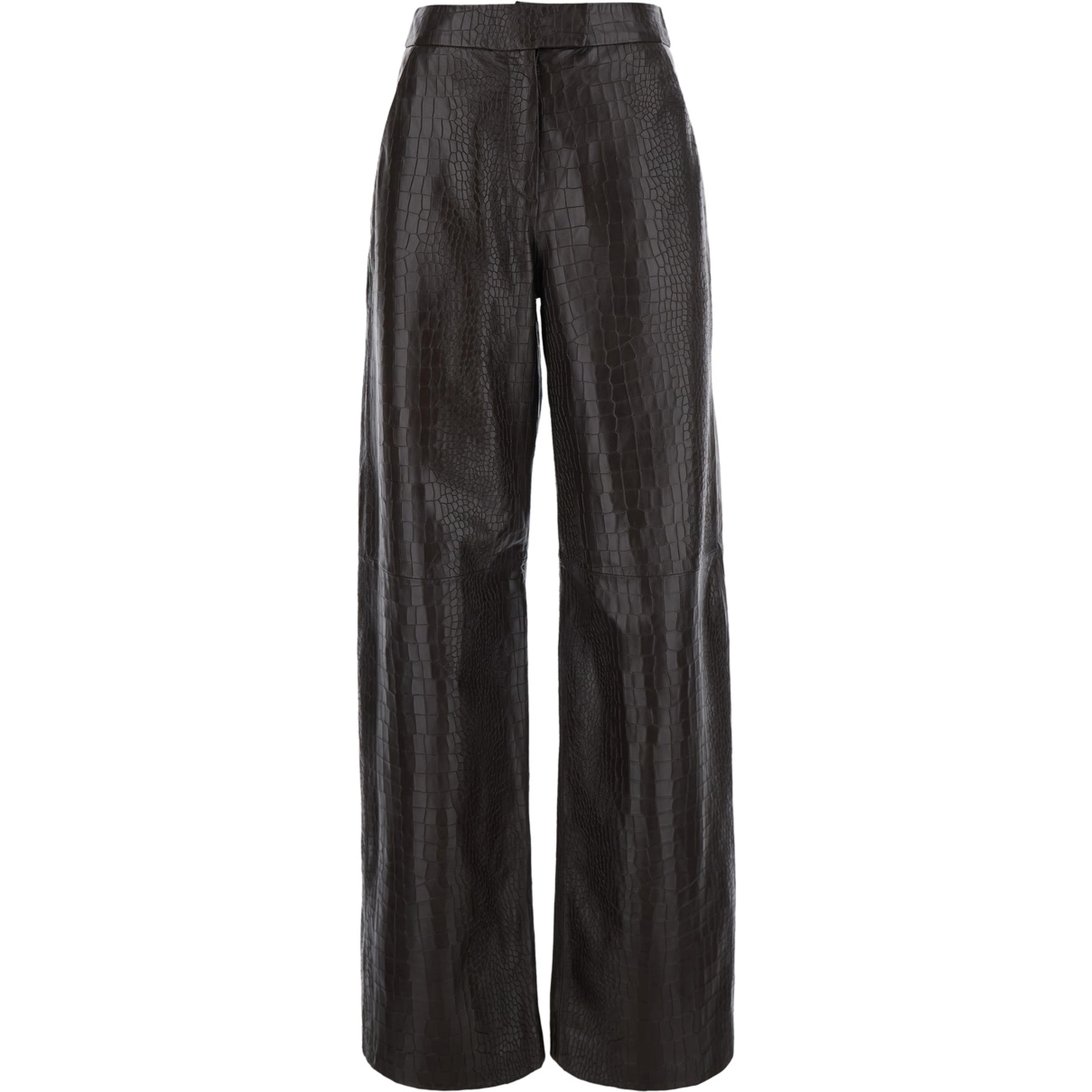 Brown crocodile-embossed pants with wide leg in leather for women