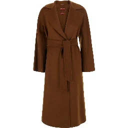 Brown Coat with Wide Notched Revers and Front Belt Closure in Wool and Cashmere Blend for Women