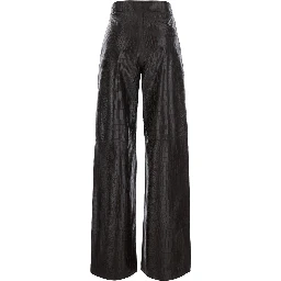 Brown crocodile-embossed pants with wide leg in leather for women