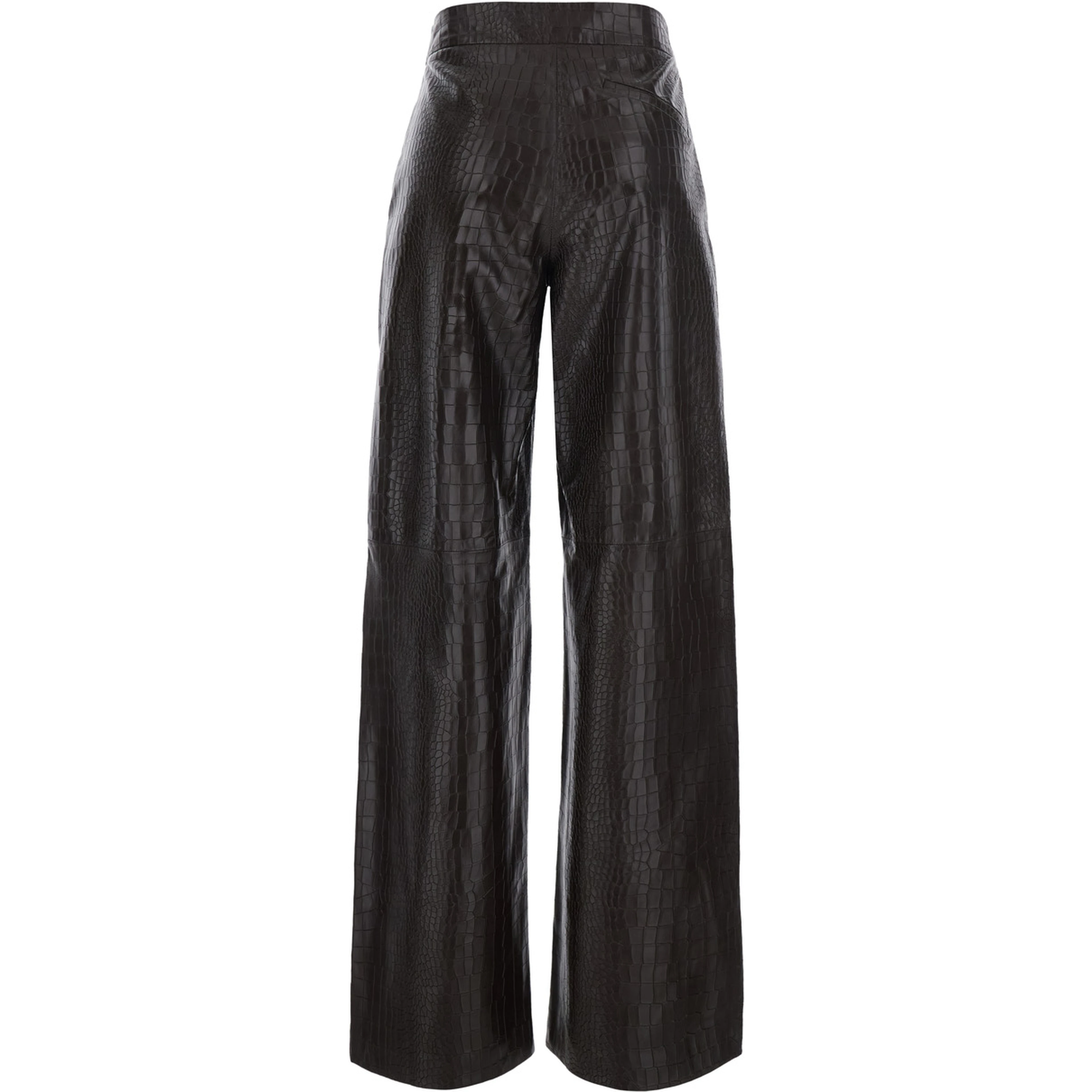 Brown crocodile-embossed pants with wide leg in leather for women
