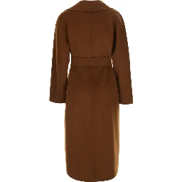 Brown Coat with Wide Notched Revers and Front Belt Closure in Wool and Cashmere Blend for Women