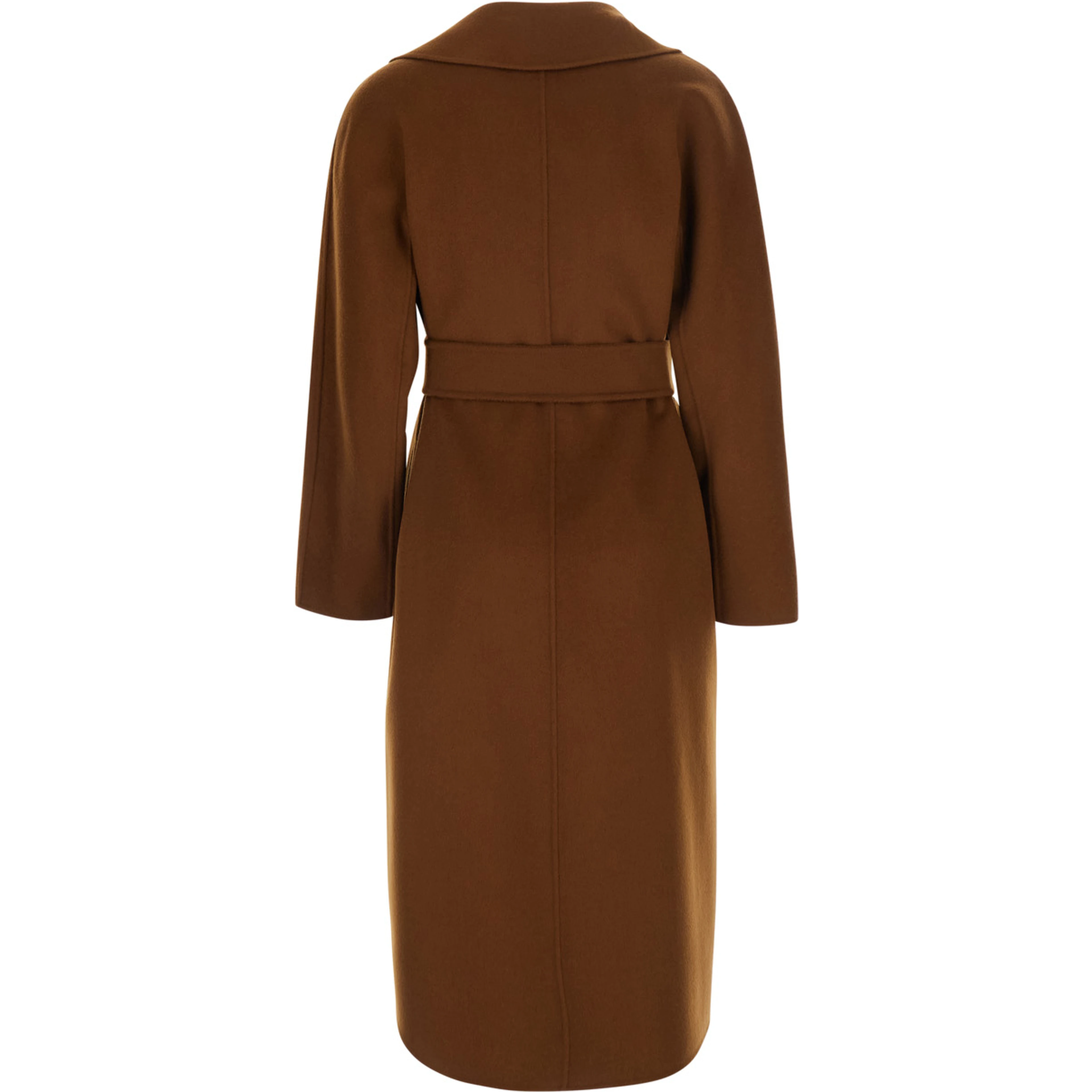 Brown Coat with Wide Notched Revers and Front Belt Closure in Wool and Cashmere Blend for Women