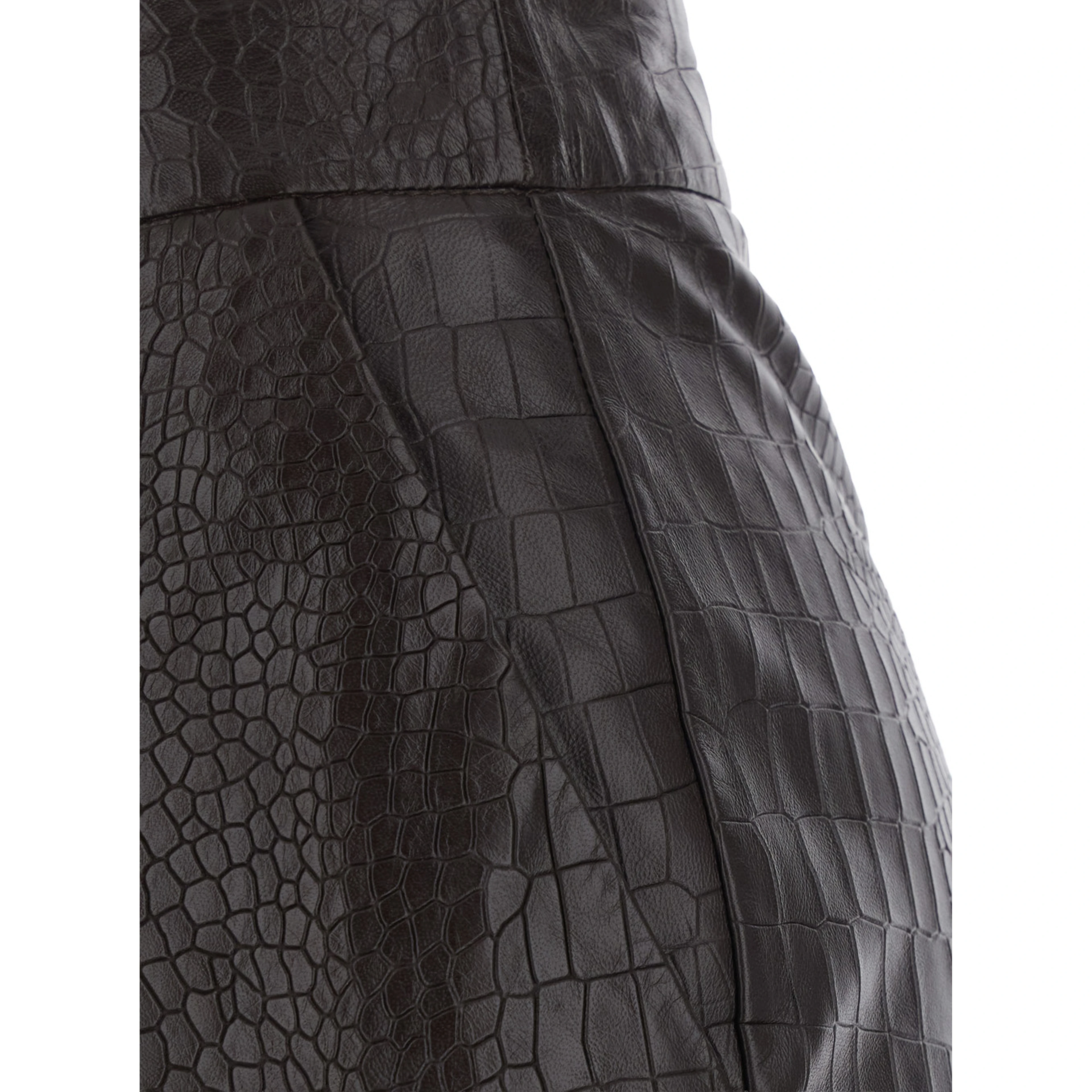 Brown crocodile-embossed pants with wide leg in leather for women