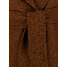 Brown Coat with Wide Notched Revers and Front Belt Closure in Wool and Cashmere Blend for Women