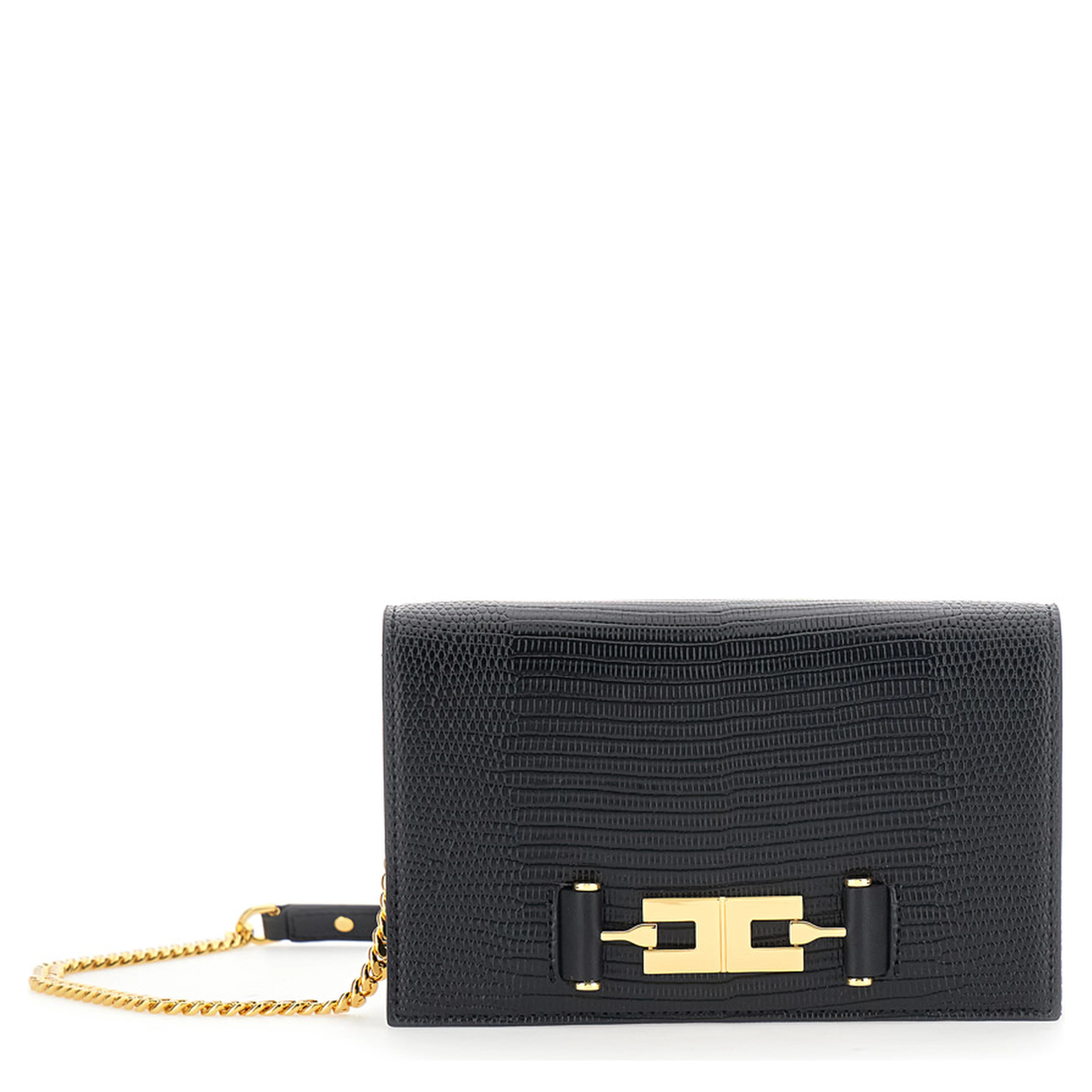 Black Crossbody bag with chain strap and logo plaque closure on the front in ecoleather for women