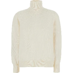 White Sweater with ribbed design and high collar in virgin wool  for women