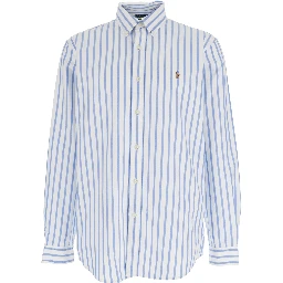 Shirt with Pony Embroidery on the Front and All-Over Stripe Motif in Light Blue for Men